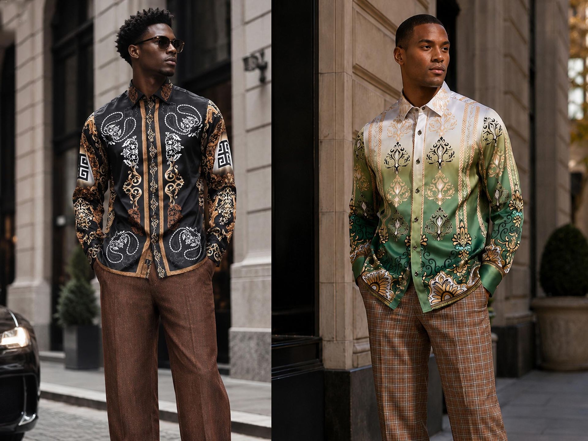 Two men in silk-print shirts: black with gold baroque paisley, and ivory fading to green with gold ornament