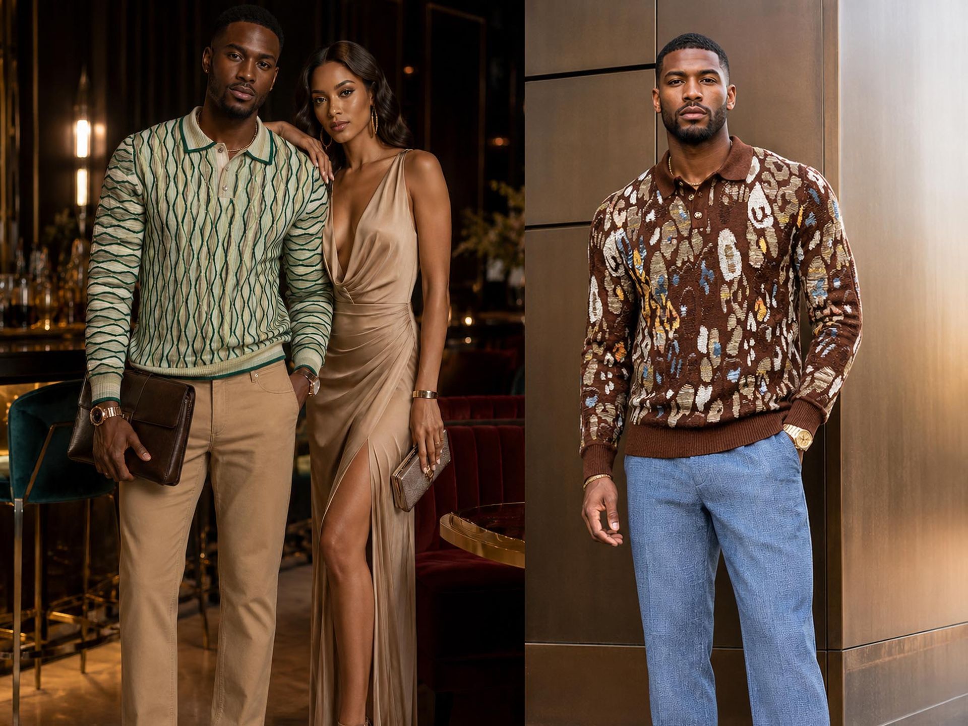 A man in a green textured knit polo beside a woman in a champagne satin dress, and a man in a brown patterned knit polo